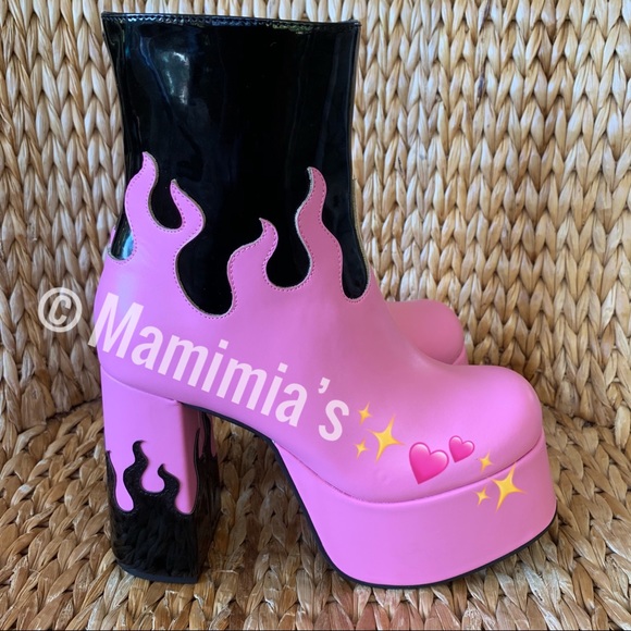 Pink n Black Patent Flame Platform Booties - Picture 5 of 8